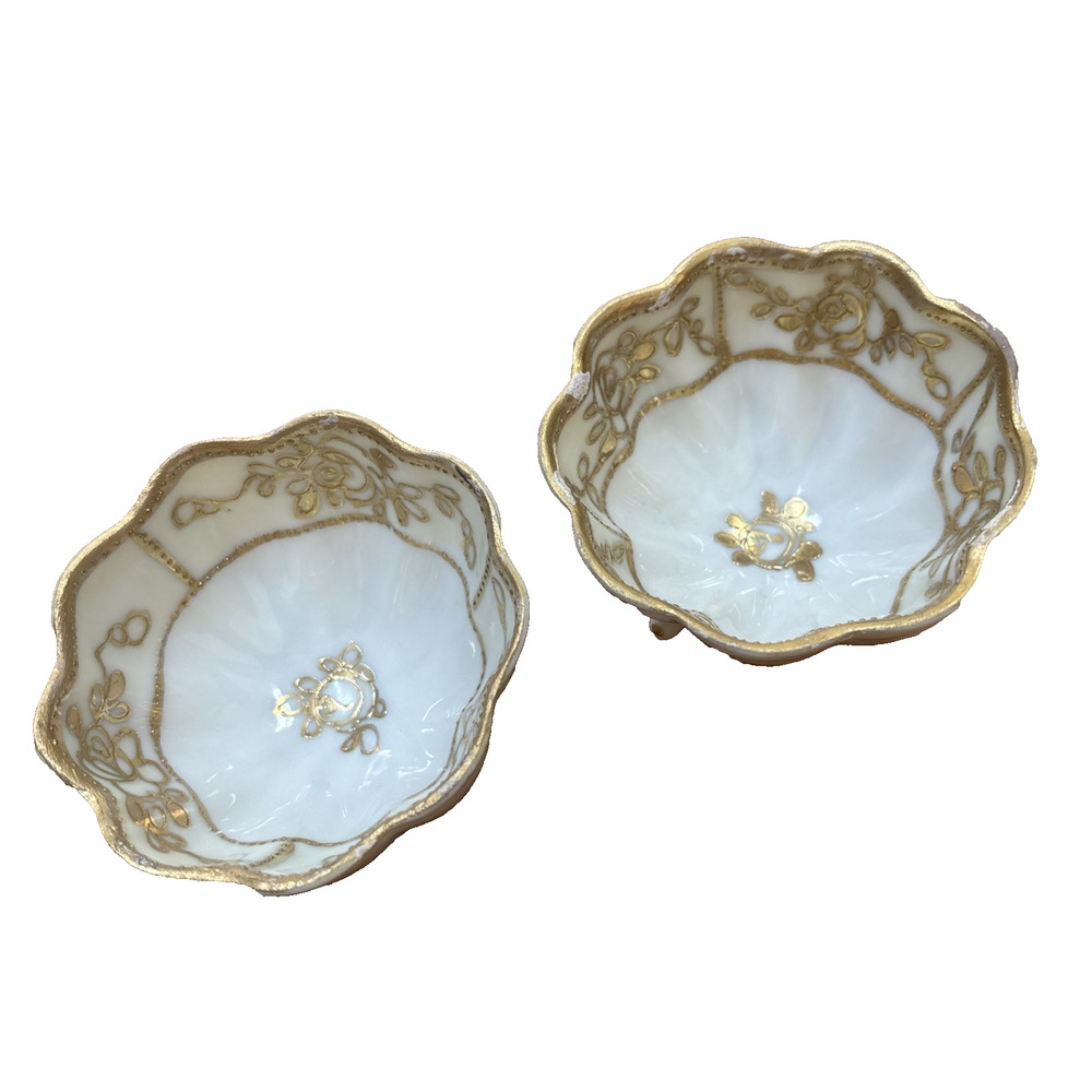 Vintage Porcelain Tri-Footed Open Salt Cellars (2) White & Gold Moriage Nippon?